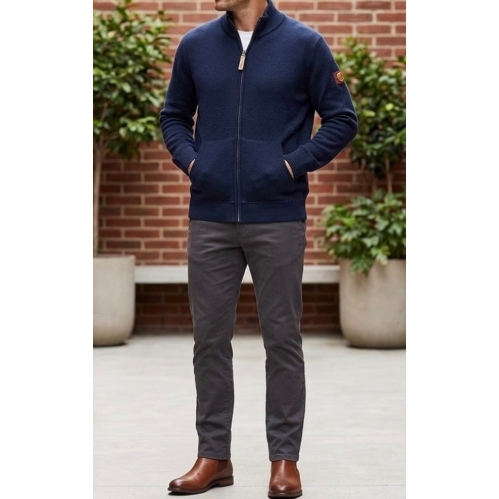 Rainforest Men's Navy Blue Full Zip Mock Neck Kangaroo Pocket Sweater XL